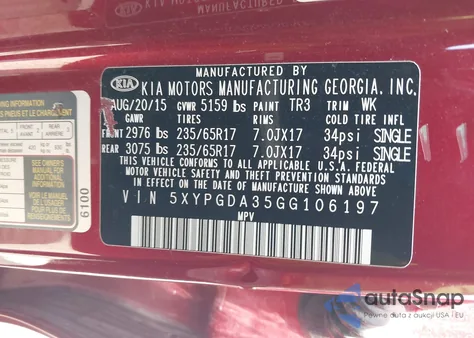 2016 Kia Sorento 2.4L Lx from USA, damaged, VIN 5XYPGDA35GG106197